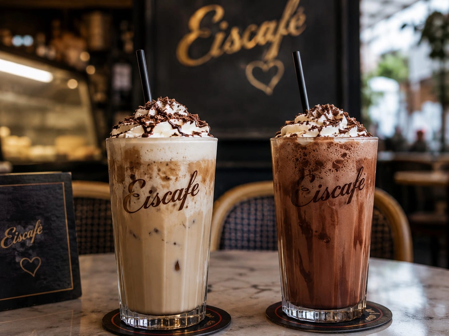 Bayerle - Eiswagen - wei hohe Gläser mit Eiskaffee und Eisschokoladengetränken, garniert mit Schlagsahne und Schokoladenraspeln, stehen auf einem Marmortisch in einem Café.