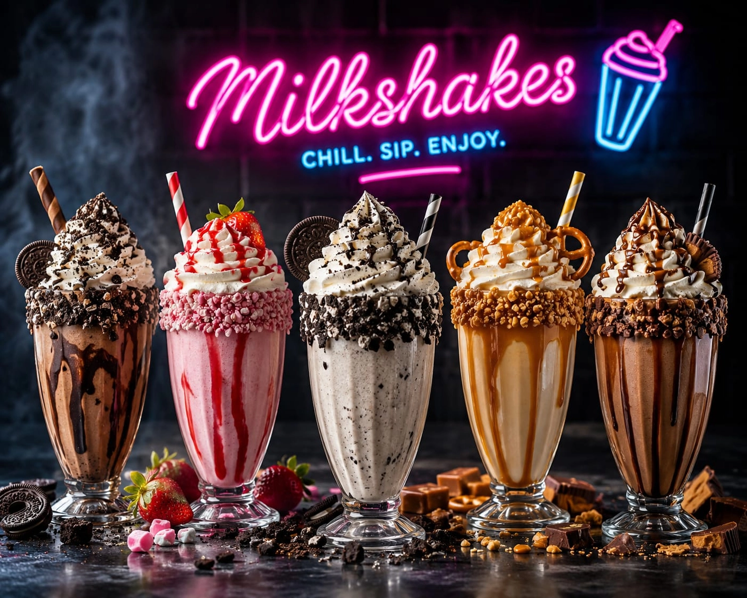 Bayerle - Eiswagen - Fünf Gourmet-Milchshakes mit extravaganten Toppings stehen vor einem dunklen Hintergrund, der von einem pink-blauen „Milkshakes“-Neonschild beleuchtet wird. Die Shakes, von Schokolade und Erdbeere über Cookies & Cream bis hin zu gesalzenem Karamell, sind mit hohen Sahnehäubchen, verschiedenen Sirups und Leckereien wie Brezeln, Erdbeeren und Keksen garniert.